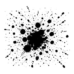 Dynamic black ink splatter with a central point of explosion and scattered drops.