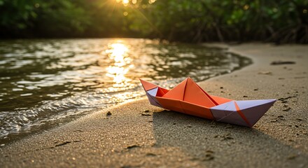 Origami Boat on a Beach at Sunset