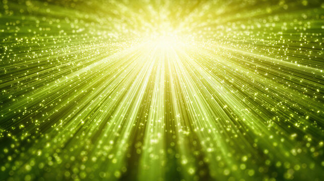 Radiant green rays and soft bokeh dots form an abstract vector background symbolizing big data flow and innovation in green technology