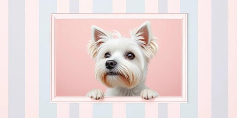 Pastel striped frame encloses minimalist background; Maltese dog head playfully peeks out,  white,  card