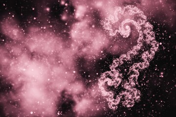 Pink nebula swirls with a spiral-shaped object