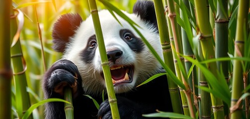 Obraz premium Playful panda peeking from vibrant green bamboo, bear, zoo