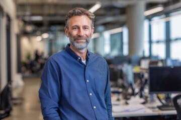 Obraz premium Portrait of a mature man with beard smiling in a modern office space setting. Concept for corporate leadership, employee engagement, and company culture