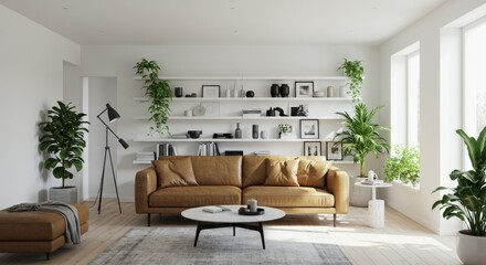 Modern Living Room Interior with Leather Sofa and Plants.
