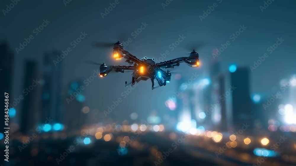 Poster focused medium frame of a drone hovering midair with led indicators lit set against an outoffocus ci