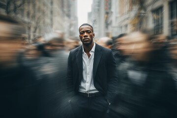 Stylish black man confidently stands amidst blurred commuters on a bustling city street. Concept for urban lifestyle, career aspirations and individual resilience in a dynamic environment