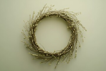 Fototapeta premium A circular wreath of dried twigs and small, light-colored flowers sits against a neutral backdrop, creating a tranquil and simple aesthetic.