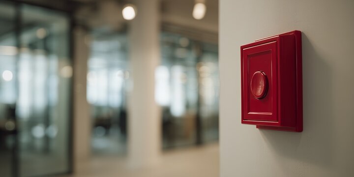 Close-up of a red fire alarm pull station mounted on a white wall in an office building, concept for emergency preparedness, workplace safety, and building security