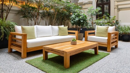 Fototapeta premium Relaxing Outdoor Patio Set in Lush Greenery