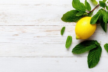 Fresh lemon and mint on white wood