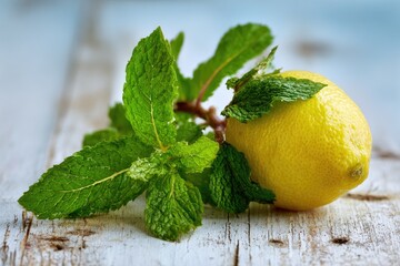 Fresh lemon and mint on a light wooden table