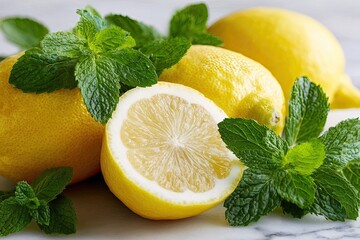 Fresh lemons and mint on a light surface