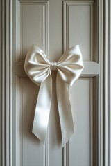 Elegant white satin bow tied on a wooden door, showcasing intricate folds and textures, enhancing the aesthetic appeal of the entrance with a touch of sophistication
