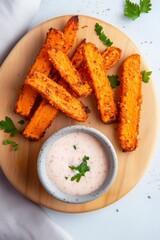 Crispy baked sweet potato fries arranged on a wooden plate, served with a creamy dipping sauce, garnished with fresh herbs, showcasing a delicious and healthy snack option
