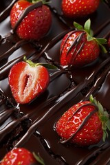 Fresh strawberries drizzled with rich chocolate sauce, arranged beautifully on a decadent dessert, showcasing vibrant colors and tempting textures for culinary delight