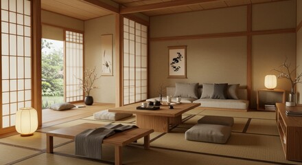 Japanese-style interior with tatami mats wooden furniture and paper screens.