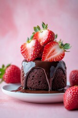 Chocolate dessert topped with fresh strawberries, drizzled with rich chocolate sauce, presented on a white plate against a soft pink background, showcasing indulgent culinary artistry
