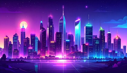A vibrant cityscape glows with neon lights, showcasing futuristic skyscrapers under a full moon at twilight.