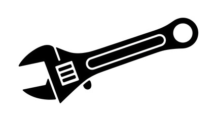 Black and white illustration of an adjustable wrench, a common hand tool for mechanics and DIY projects, isolated on white background for industrial design or repair concepts