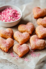 Heart-shaped pastries coated in sugar and colorful sprinkles, arranged on parchment paper with a bowl of pink sprinkles, creating a delightful dessert scene for celebrations