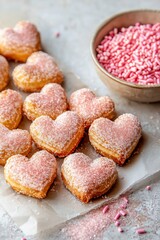 Heart-shaped pastries coated in sugar, arranged on a light surface, with a bowl of pink sprinkles nearby, creating a delightful and festive dessert display