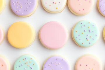 Colorful round cookies with pastel icing and decorative sprinkles arranged in a neat pattern on a white background, showcasing delightful dessert presentation and vibrant colors