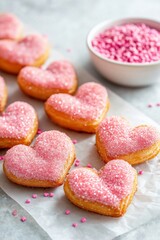 Heart-shaped donuts coated in pink sugar sprinkles are arranged on a marble surface, with a bowl of pink sprinkles in the background, creating a festive and delightful dessert display