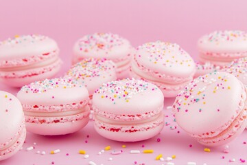 Pink macarons with colorful sprinkles arranged on a pastel pink background, showcasing delightful textures and vibrant colors, perfect for dessert lovers and culinary enthusiasts