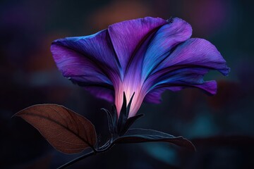 Vibrant purple-blue flower, backlit, dark background