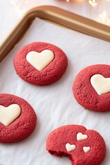 Red heart-shaped cookies with white chocolate accents on a baking tray, showcasing a delightful dessert arrangement perfect for celebrations and special occasions