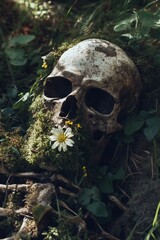Human skull partially covered in moss and surrounded by greenery, with a white flower nestled in the mouth, creating a striking contrast in a natural setting