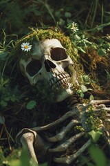 Human skeleton partially covered in green moss and wildflowers, lying on the forest floor, surrounded by lush greenery, evoking themes of nature and life cycles