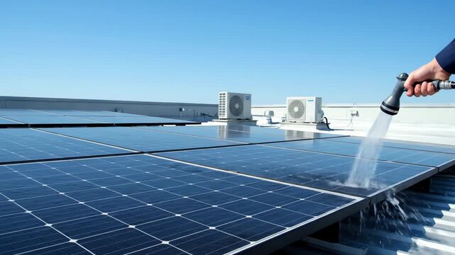 A person's hand using a water hose to clean a row of solar panels on a rooftop, a daytime 4k video showcasing a close-up view in bright sunlight, with air conditioning