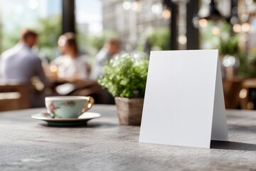 Blank white tent card on a textured cafe table with a tea cup and potted plant, concept for menu display, table reservation and promotional offers