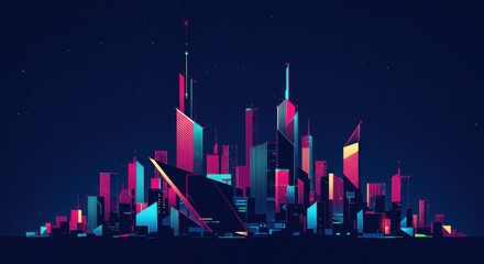 Fototapeta premium A vibrant cityscape at night, rendered with bold, geometric shapes and vibrant neon hues, creates a futuristic atmosphere.