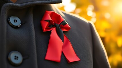 A close-up of a black-red-gold ribbon on a wool coat, with autumn leaves in the background, symbolizing German Unity Day.