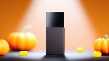 Halloween Packaging Design Mockup with sleek black rectangular product bottle, dramatic spotlight display, festive orange background, spooky branding aesthetic and seasonal retail concept for holiday