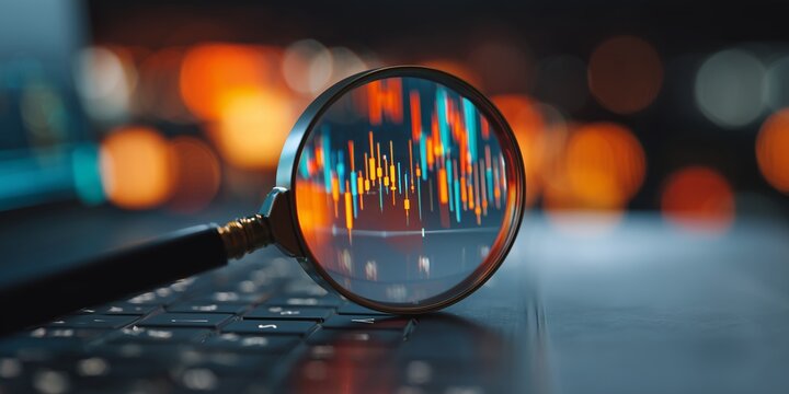 Magnifying glass on a laptop keyboard focusing on digital charts and data display. Concept for data analysis, stock market trends, and financial investigation