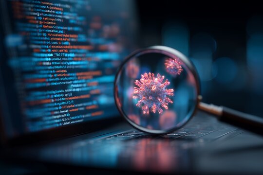 Close-up of a virus under a magnifying glass with code on laptop screen in the background. Concept for medical research, cybersecurity threat and data analysis