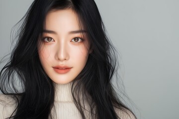 Naklejka premium Portrait of a beautiful asian woman with long dark hair and light makeup looking at the camera. Concept for cosmetic advertising, beauty product promotions and skincare campaign