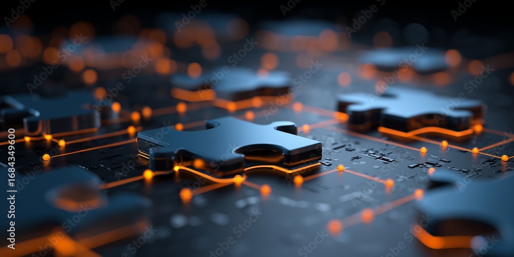 Poster abstract puzzle pieces interconnected by glowing lines on a dark background, concept for problem sol