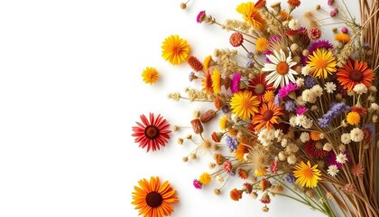 Rustic dried wildflower bouquet, top view on white,  craft,  autumn