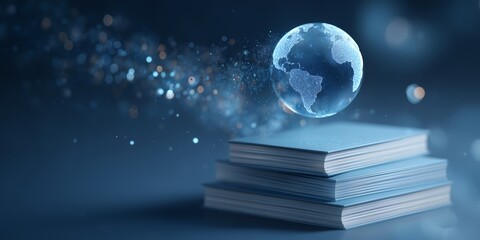 Stack of light blue books with a digital globe hovering above in a dark blue atmosphere, concept for global education, international studies, and learning resources