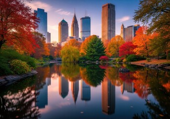 Obraz premium Vibrant Autumn Foliage Reflecting in a Serene City Pond