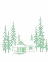 Minimalist Illustration of a Cozy Woodland Cabin Surrounded by Tall Pine Trees