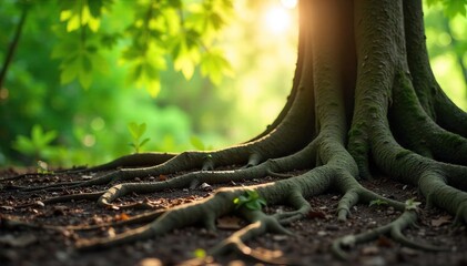 Fototapeta premium Close-up of intertwined tree roots, sunlight dappling through leaves above, evoking a sense of grounding and connection to nature Perfect for meditation, yoga, and mindfulness themes , peace, nature