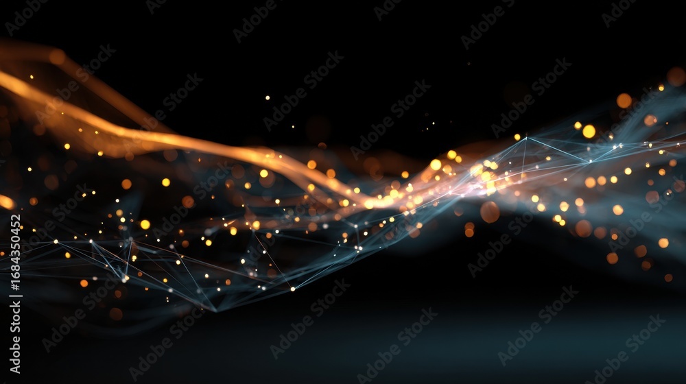 Poster abstract light waves with glowing particles in dark background for modern digital art and technology
