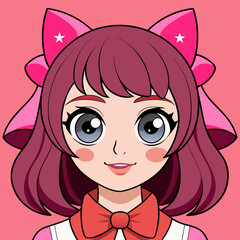 Vector art of cute girl with a bow on her head, cartoon style, on a pink background, vector illustration, beauty and fashion concept, portrait
