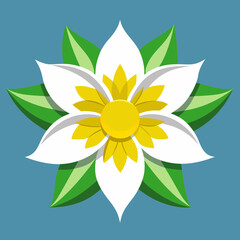 Vector art of a beautiful white flower with yellow center and green leaves on a blue background, perfect for spring and summer designs and illustrations