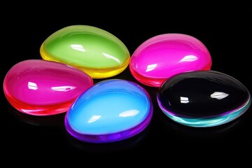 Five translucent, vibrant ovoid objects on black